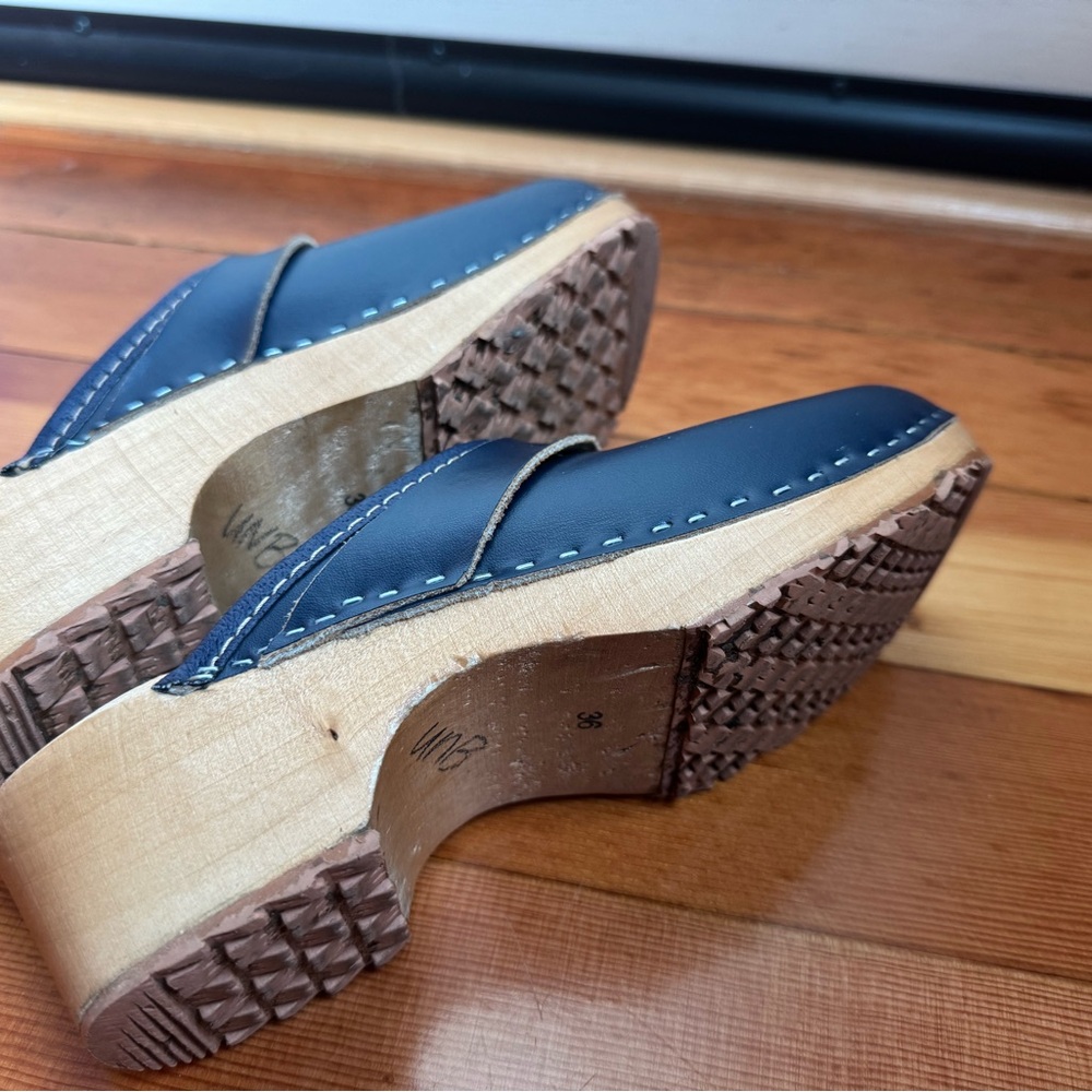 Wooden Blue Leather Clogs - Picture 4 of 5